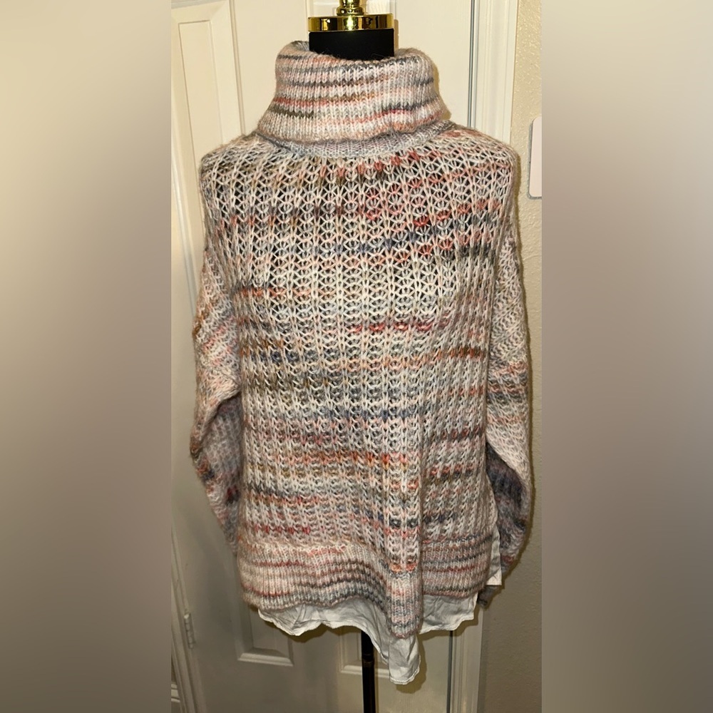 Hem & Thread Chunky Turtleneck Wool Blend Sweater Multicolor Open Knit NWT L